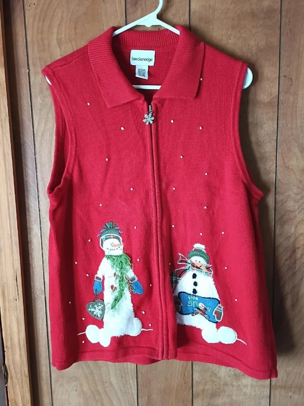 Breckenridge Snowman Christmas Sweater Vest Womens Large Zip Front Ugly Holiday